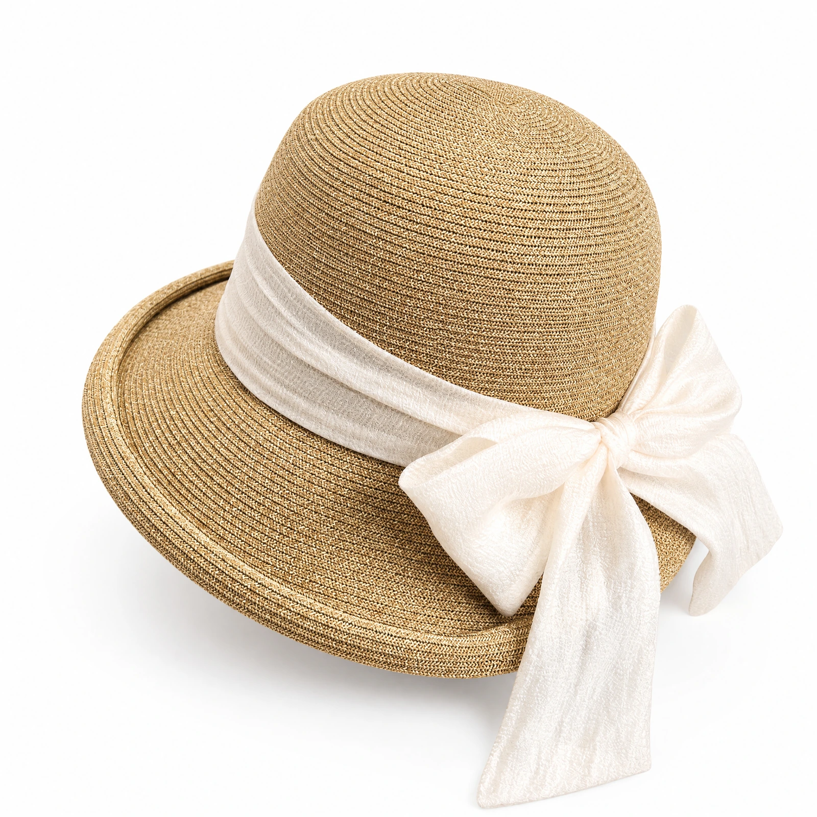 Women's Paper Straw Bucket Hat with Ribbon Bow