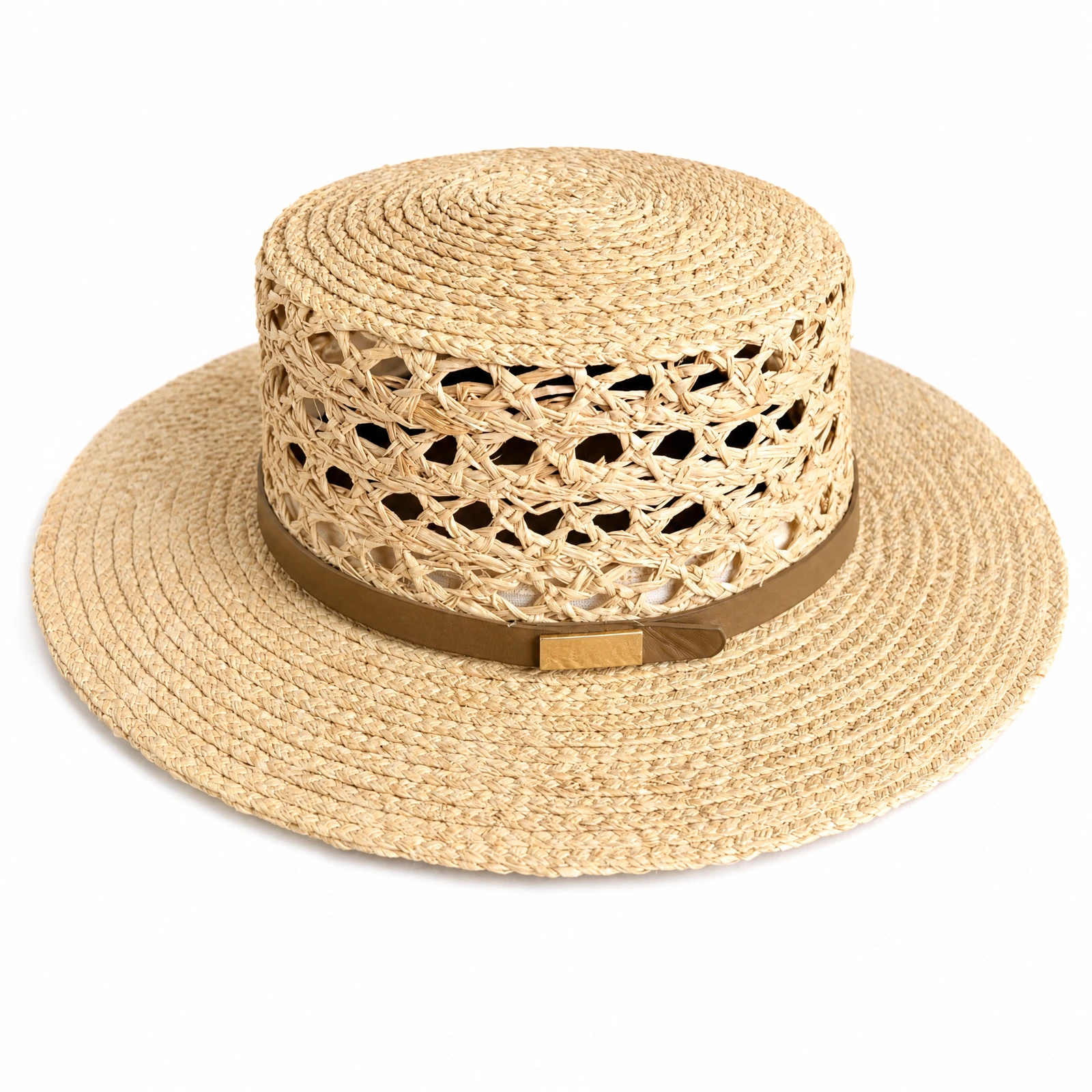 Natural Raffia Wide Brim Hat with Leather Band