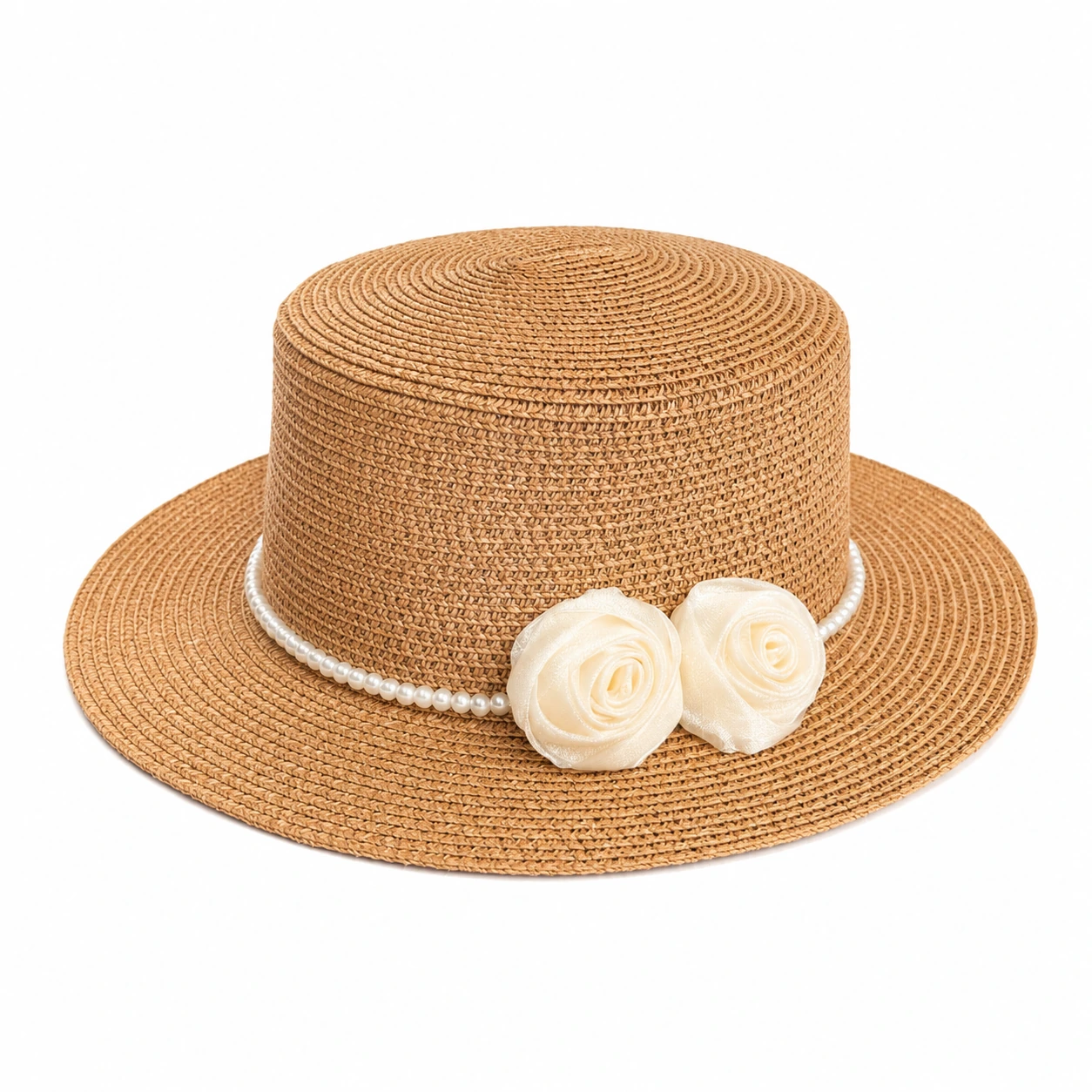 Paper Straw Boater Hat with Floral Accent