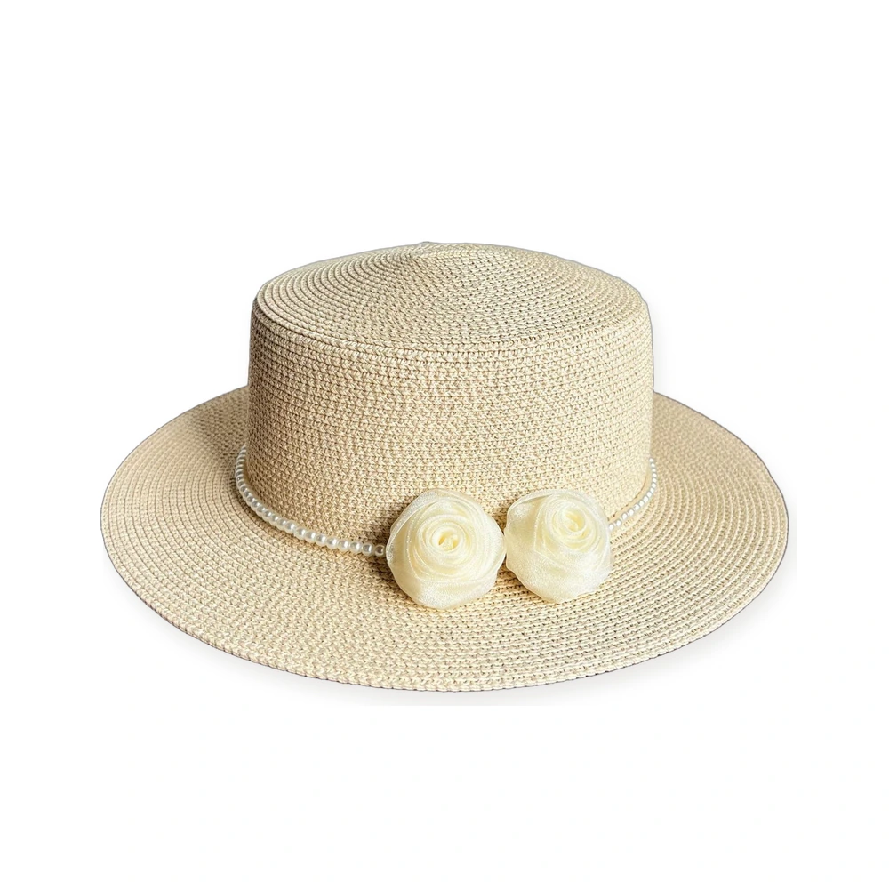 Paper Straw Boater Hat with Floral Accent image 2