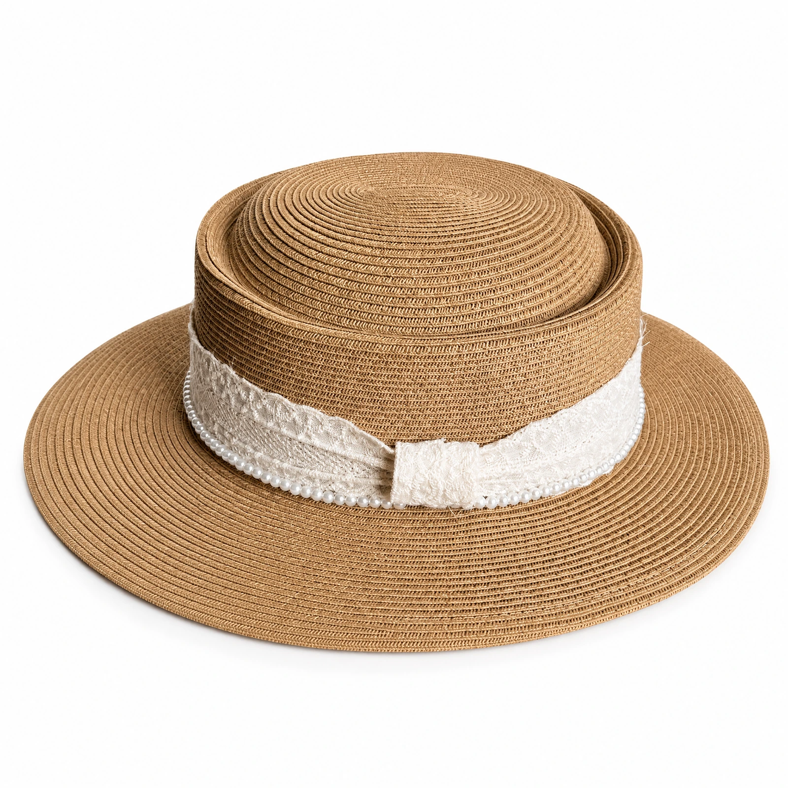 Paper Straw Wide Brim Hat with Pearl Accent