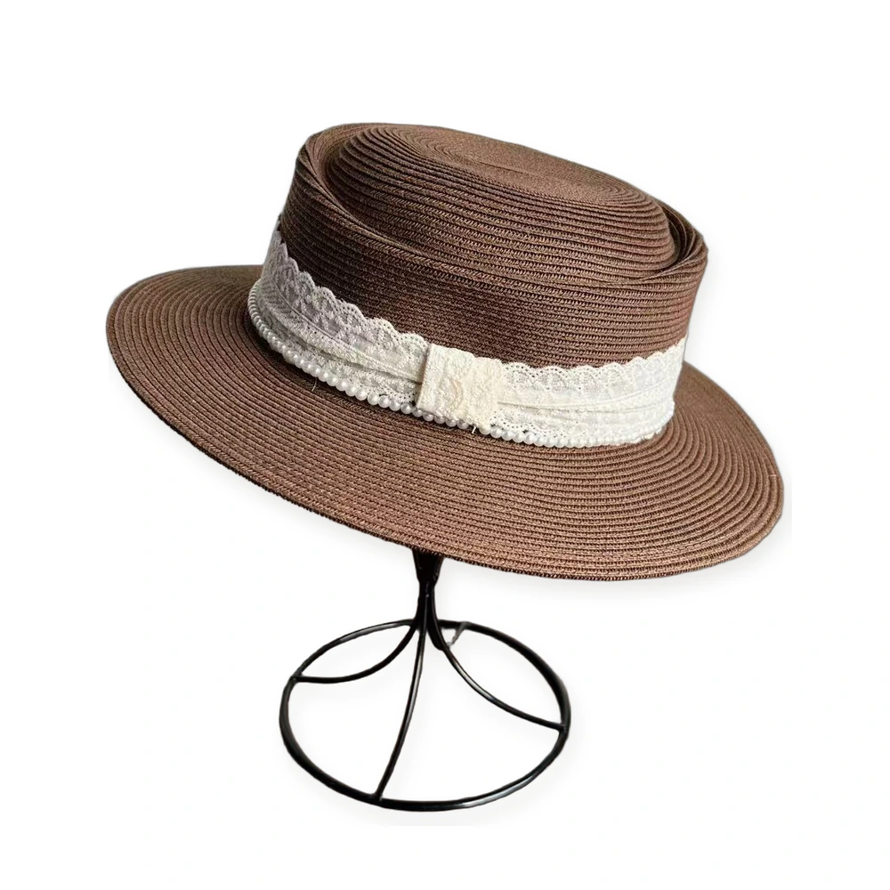 Paper Straw Wide Brim Hat with Pearl Accent image 2