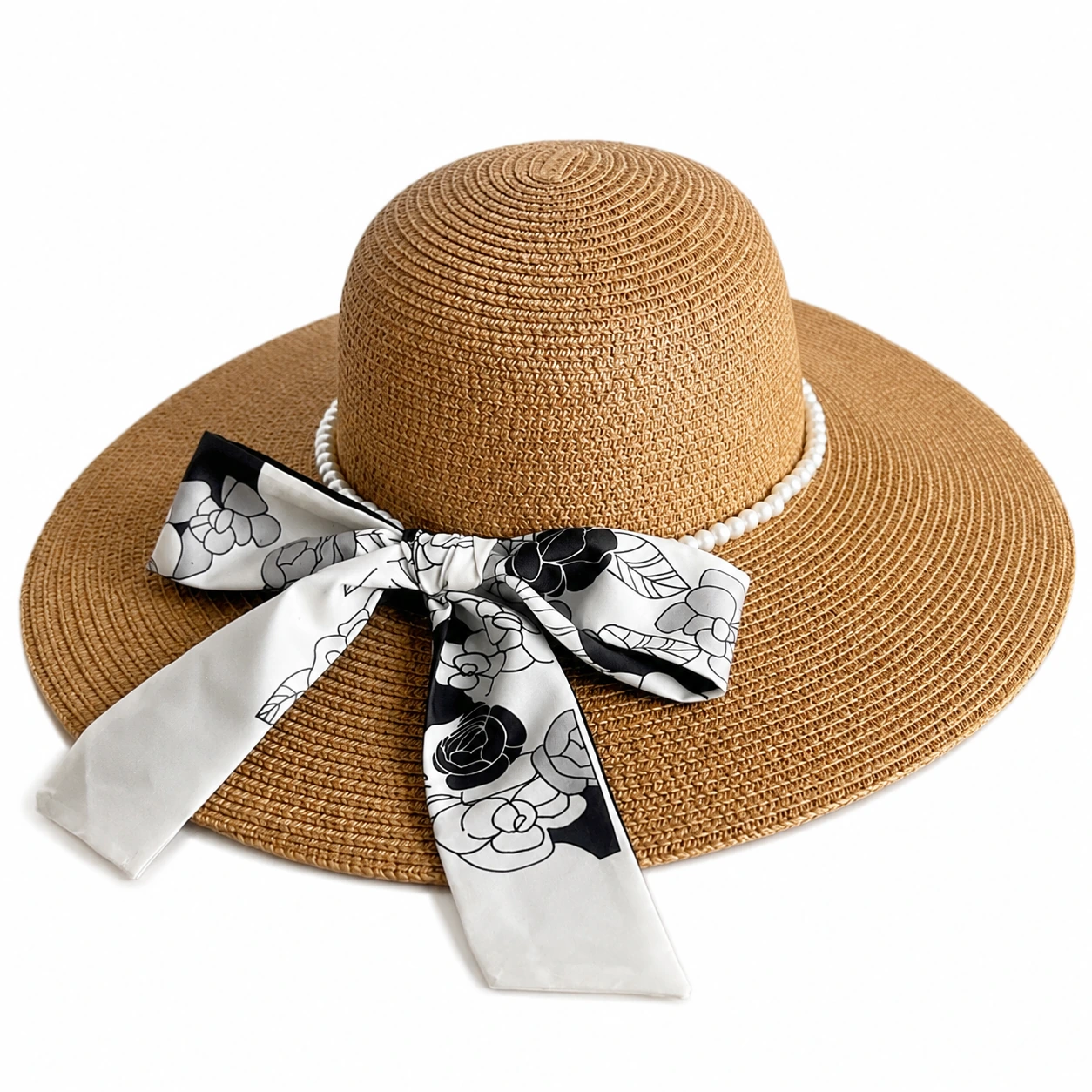 Paper Straw Wide Brim Hat with Pearl Accent