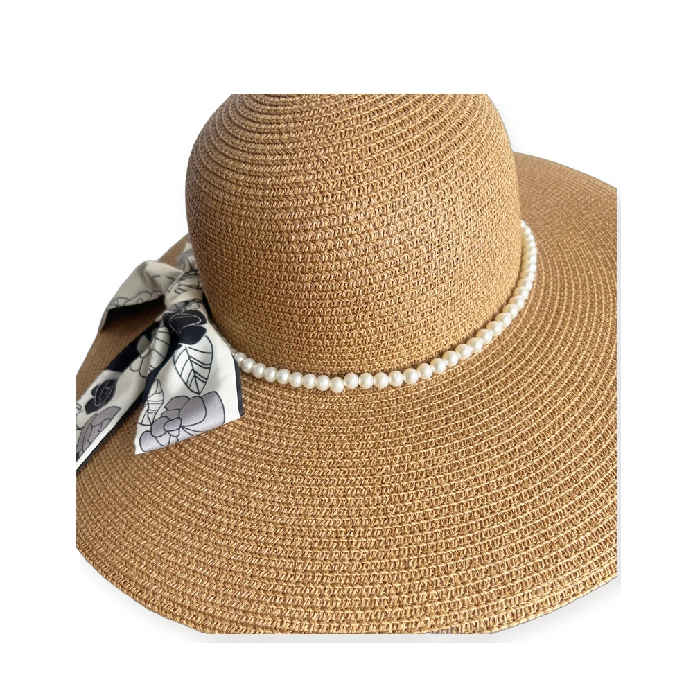 Paper Straw Wide Brim Hat with Pearl Accent image 2