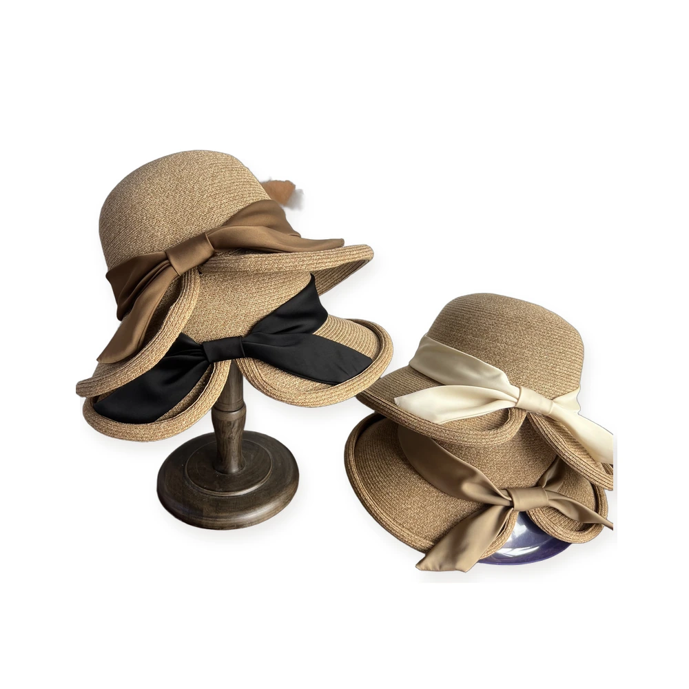 Women's Paper Straw Bucket Hat with Ribbon image 4