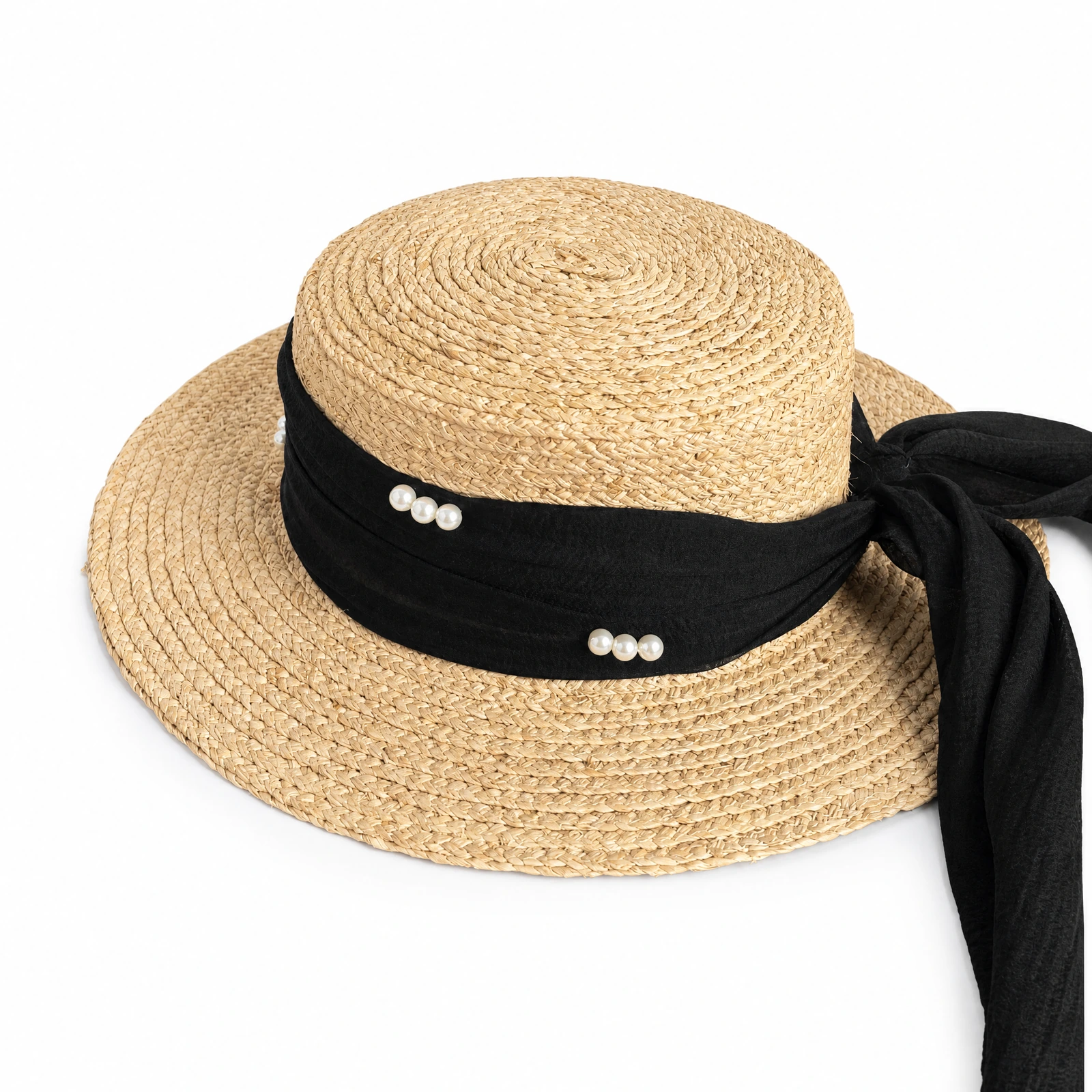 Natural Raffia Wide Brim Hat with Pearl Accent