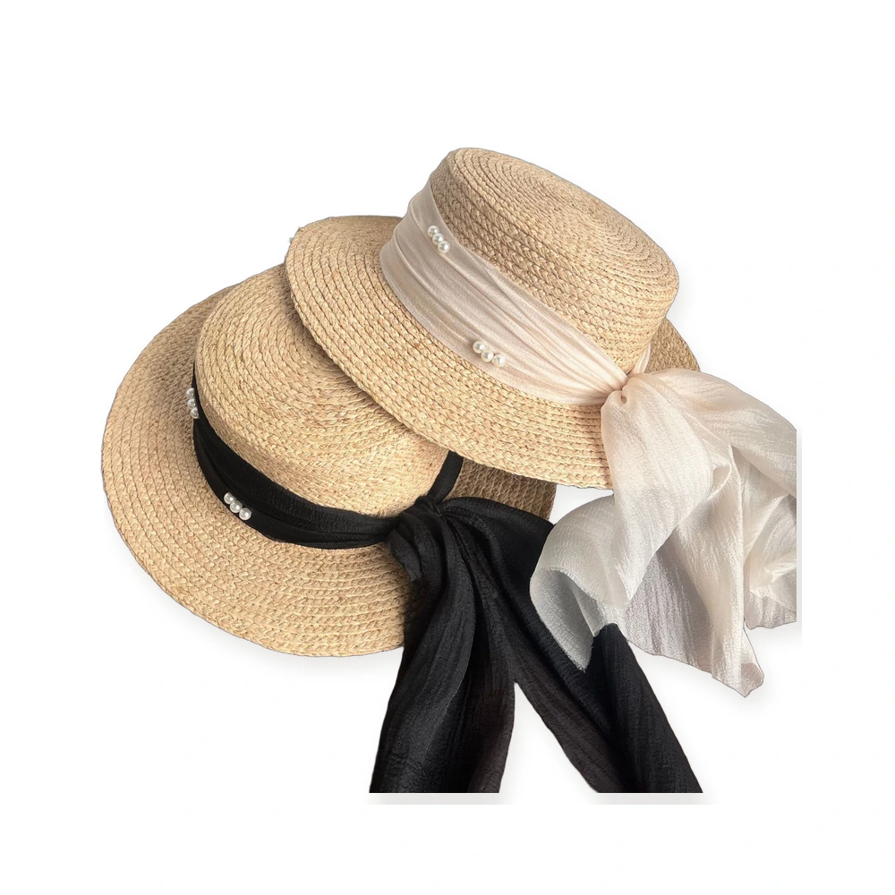 Natural Raffia Wide Brim Hat with Pearl Accent image 4