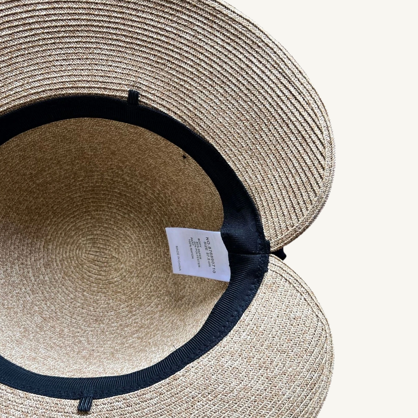 Paper Straw Sun Hat with Ribbon Bow weave and sweatband detail